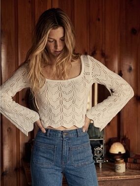Hollister Crochet Knit Bell Sleeve Crop Sweater XXS White Boho Retro Festival